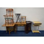 AN OAK SIDE TABLE with a single drawer, together with various other furniture to include a teak