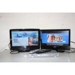 A SANYO CE19LD90N 19'' FSTV, a Bush 19'' FSTV DVD combi and a Bush DVD player with two universal