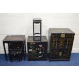 A LATE 20TH CENTURY ORIENTAL EBONISED CUTLERY CABINET, with chinoiserie decoration, hinged top