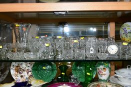 A GROUP OF CLEAR GLASSWARE INCLUDING A WHITEFRIARS COFFIN VASE, height 13cm, a spherical vase, a