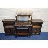 A PAIR OF SMALL OAK BOOKCASES with double cupboard doors, together with a similar lamp table with