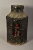 A VICTORIAN TOLEWARE SHOP TEA CANNISTER AND COVER, the cannister of octagonal form, remnants of