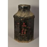 A VICTORIAN TOLEWARE SHOP TEA CANNISTER AND COVER, the cannister of octagonal form, remnants of