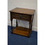 AN OLD CHARM OAK LAMP TABLE with a single drawer, width 62cm x depth 45cm x height 71cm