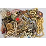 A BOX OF COSTUME JEWELLERY, to include various imitation pearl necklaces, brooches of various