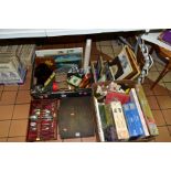 THREE BOXES AND LOOSE OF JIGSAWS, MISCELLANEOUS ETC, including a canteen of cutlery, four unopened