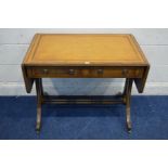 A REPRODUCTION MAHOGANY TOOLED TAN LEATHER TOPPED SOFA TABLE with two drawers, open width 147cm x