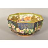 A WEDGWOOD FAIRYLAND LUSTRE OCTAGONAL BOWL, 'Woodland Bridge' based upon on original design by Daisy