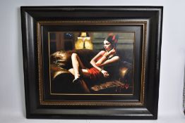 FABIAN PEREZ (ARGENTINA 1967) 'LINDA IN RED III', a female figure relaxing in a leather armchair,