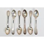 A SET OF SIX VICTORIAN ENGLISH PROVINCIAL SILVER FIDDLE PATTERN TEASPOONS, engraved initials, makers