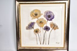 CHLOE NUGENT (BRITISH CONTEMPORARY) 'BOLD BEAUTY III', purple and gold flowers, mixed media 3D