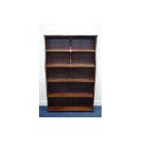 A MODERN MAHOGANY OPEN BOOKCASE, width 114cm x depth 31cm x height 186cm