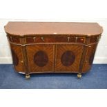 A REPRODUCTION MAITLAND-SMITH MAHOGANY AND BANDED SIDEBOARD, with rounded ends, with various brass