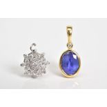 A SAPPHIRE PENDANT AND A DIAMOND PENDANT, an 18ct gold pendant set with an oval cut sapphire in a