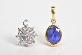 A SAPPHIRE PENDANT AND A DIAMOND PENDANT, an 18ct gold pendant set with an oval cut sapphire in a