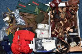 TWO BOXES FULL OF MISCELLANEOUS MILITARY ITEMS, i.e leather belts, webbing cumberbands arm sleeve