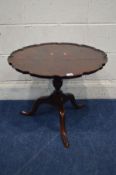 A REPRODUCTION BURR WALNUT CIRCULAR TOPPED TRIPOD TABLE, with a wavy top, diameter 61cm x height