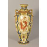 A NORITAKE TWIN HANDLED VASE, decorated with orange dragons, with gilt detailing, green factory mark