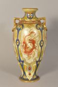 A NORITAKE TWIN HANDLED VASE, decorated with orange dragons, with gilt detailing, green factory mark