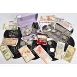 A SHOEBOX CONTAINING VARIOUS ITEMS to include nineteen (19) silver half crowns 1920's - 1930's, a