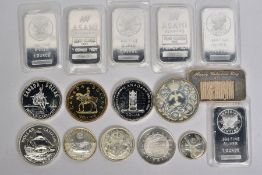 A BOX OF SILVER BARS AND COINS, to include seven one ounce silver bars, together with nine coins
