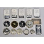 A BOX OF SILVER BARS AND COINS, to include seven one ounce silver bars, together with nine coins