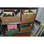 THREE BOXES OF BOOKS, with a box of vinyl LP's, framed Cash embroidered pictures, watercolours,