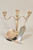 AN ELIZABETH II SILVER THREE LIGHT CANDELABRUM, circular holders, conical pedestal, loaded foot,