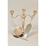 AN ELIZABETH II SILVER THREE LIGHT CANDELABRUM, circular holders, conical pedestal, loaded foot,