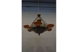 A SET OF THREE ART DECO THEATRE FOYER CHANDELIERS, of a hexagonal form, with six peach resin shell