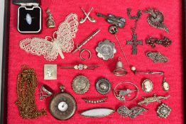 A SELECTION OF SILVER BROOCHES PENDANTS, coin brooches, fobs, etc, including a lace needlework