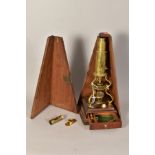 AN EARLY 19TH CENTURY BRASS CULPEPPER TYPE MONOCULAR MICROSCOPE, signed Abraham Bath, mounted on a