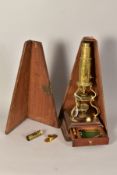 AN EARLY 19TH CENTURY BRASS CULPEPPER TYPE MONOCULAR MICROSCOPE, signed Abraham Bath, mounted on a
