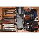 TWO BOXES AND LOOSE CAMERAS, ACCESSORIES, BOOKS, et, to include Tokina lens 135mm 1:28, Agfa