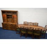 A REPRODUCTION MELLOWCRAFT OAK DINING SUITE, comprising an extending table with rounded ends, one