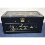AN ORIENTAL EBONISED CAMPHUR WOOD CHEST, with mother of pearl chinoiserie decoration, with an