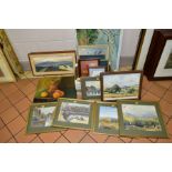 A COLLECTION OF WATERCOLOURS, GOUACHES AND PRINTS IN A BOX AND LOOSE, including Alfred Grahame, a