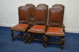 A SET OF SIX OAK DINING CHAIRS with acorn front legs, leatherette seat pads and backs, with grape