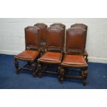 A SET OF SIX OAK DINING CHAIRS with acorn front legs, leatherette seat pads and backs, with grape