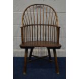 AN 18TH CENTURY AND LATER ASH AND ELM STICK BACK COUNTRY ELBOW CHAIR, maximum width 59cm x overall