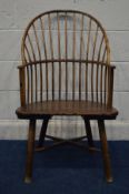 AN 18TH CENTURY AND LATER ASH AND ELM STICK BACK COUNTRY ELBOW CHAIR, maximum width 59cm x overall