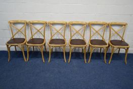 A SET OF SIX MODERN THONET BENTWOOD STYEL BISTRO DINING CHAIRS with brown leather seat pads