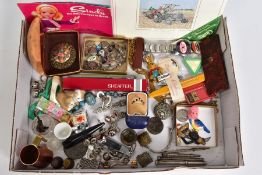 A BOX OF COSTUME JEWELLERY, SILVER JEWELLERY, etc, including a gold on silver dress ring, a Cash's