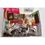 A BOX OF COSTUME JEWELLERY, SILVER JEWELLERY, etc, including a gold on silver dress ring, a Cash's