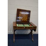 A REPRODUCTION SOFA TABLE GAMES COMPENDIUM with a removable back gammon baize, two dice, fourteen