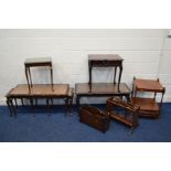 A MODERN MAHOGANY BROWN LEATHER TOPPED COFFEE/NEST OF THREE TABLES, together with another mahogany