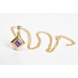 A 9CT GOLD AMETHYST PENDANT NECKLACE, the square cut amethyst set within a plain polished square