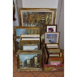A QUANTITY OF LATE 20TH CENTURY GILT FRAMED OIL PAINTINGS, NEEDLEWORK PICTURES, etc, including