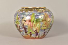 A MODERN WEDGWOOD FAIRYLAND LUSTRE SQUAT VASE, decorated with fairies in river landscape, height