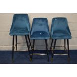 THREE MODERN BLUE UPHOLSTERED BAR STOOLS, of two sizes